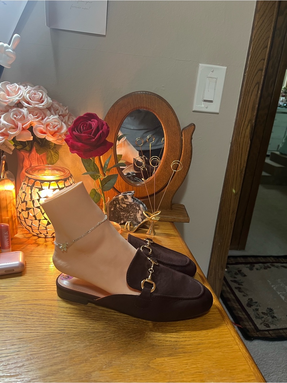 Women's Backless Mule Loafers in Dark Brown with Gold Hardware